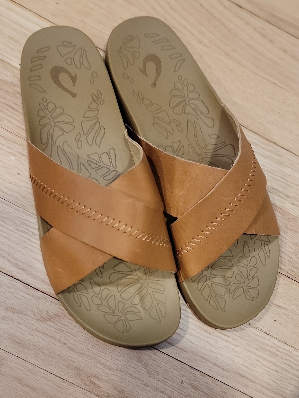 OluKai Tan Leather Crossover Slide Sandals